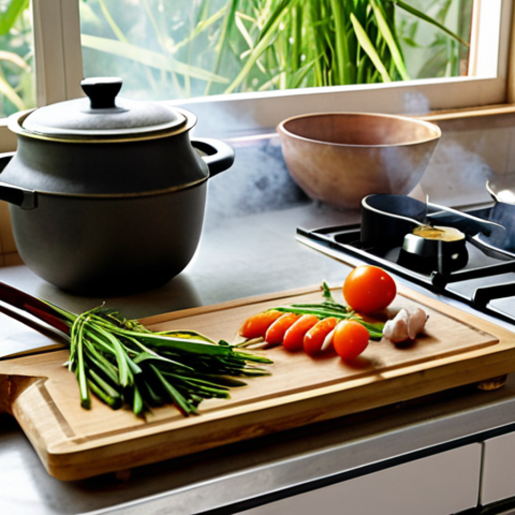 **

"A bright, warm Vietnamese kitchen. Focus on a bamboo cutting board with fresh vegetables (like morning glory or Vietnamese herbs) being chopped. In the background, a wooden spoon rests in a steaming pot on the stove. Natural light, cozy atmosphere, a hint of delicious aroma visible as steam. Focus on sustainability and healthy cooking."

**