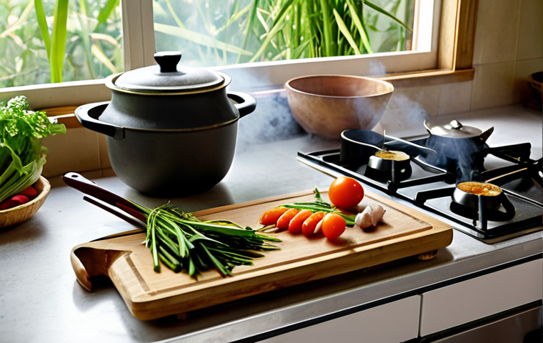 **

"A bright, warm Vietnamese kitchen. Focus on a bamboo cutting board with fresh vegetables (like morning glory or Vietnamese herbs) being chopped. In the background, a wooden spoon rests in a steaming pot on the stove. Natural light, cozy atmosphere, a hint of delicious aroma visible as steam. Focus on sustainability and healthy cooking."

**