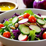 **

A vibrant, close-up photo of a colorful organic salad featuring a mix of fresh vegetables like lettuce, cherry tomatoes, cucumbers, bell peppers, carrots, and purple cabbage. Some chopped walnuts and almonds are scattered on top. The salad is dressed with a light vinaigrette (olive oil, apple cider vinegar, honey). Focus on highlighting the fresh, natural look of the ingredients, emphasizing the colors and textures. The background should be a softly blurred kitchen setting.

**