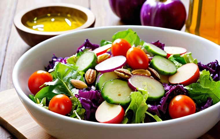 **

A vibrant, close-up photo of a colorful organic salad featuring a mix of fresh vegetables like lettuce, cherry tomatoes, cucumbers, bell peppers, carrots, and purple cabbage. Some chopped walnuts and almonds are scattered on top. The salad is dressed with a light vinaigrette (olive oil, apple cider vinegar, honey). Focus on highlighting the fresh, natural look of the ingredients, emphasizing the colors and textures. The background should be a softly blurred kitchen setting.

**