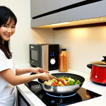 **

A modern Vietnamese kitchen. A smiling woman is using a sleek induction cooktop to stir-fry vegetables in a wok. In the background, a rice cooker (IH type preferred) sits on the counter, with steam gently rising. Focus on the clean lines, bright lighting, and energy-saving appliances. Subtle hints of Vietnamese decor (e.g., a bowl of fruit, a traditional spice rack).

**