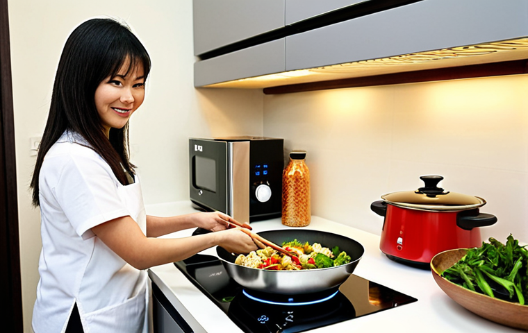 **

A modern Vietnamese kitchen. A smiling woman is using a sleek induction cooktop to stir-fry vegetables in a wok. In the background, a rice cooker (IH type preferred) sits on the counter, with steam gently rising. Focus on the clean lines, bright lighting, and energy-saving appliances. Subtle hints of Vietnamese decor (e.g., a bowl of fruit, a traditional spice rack).

**